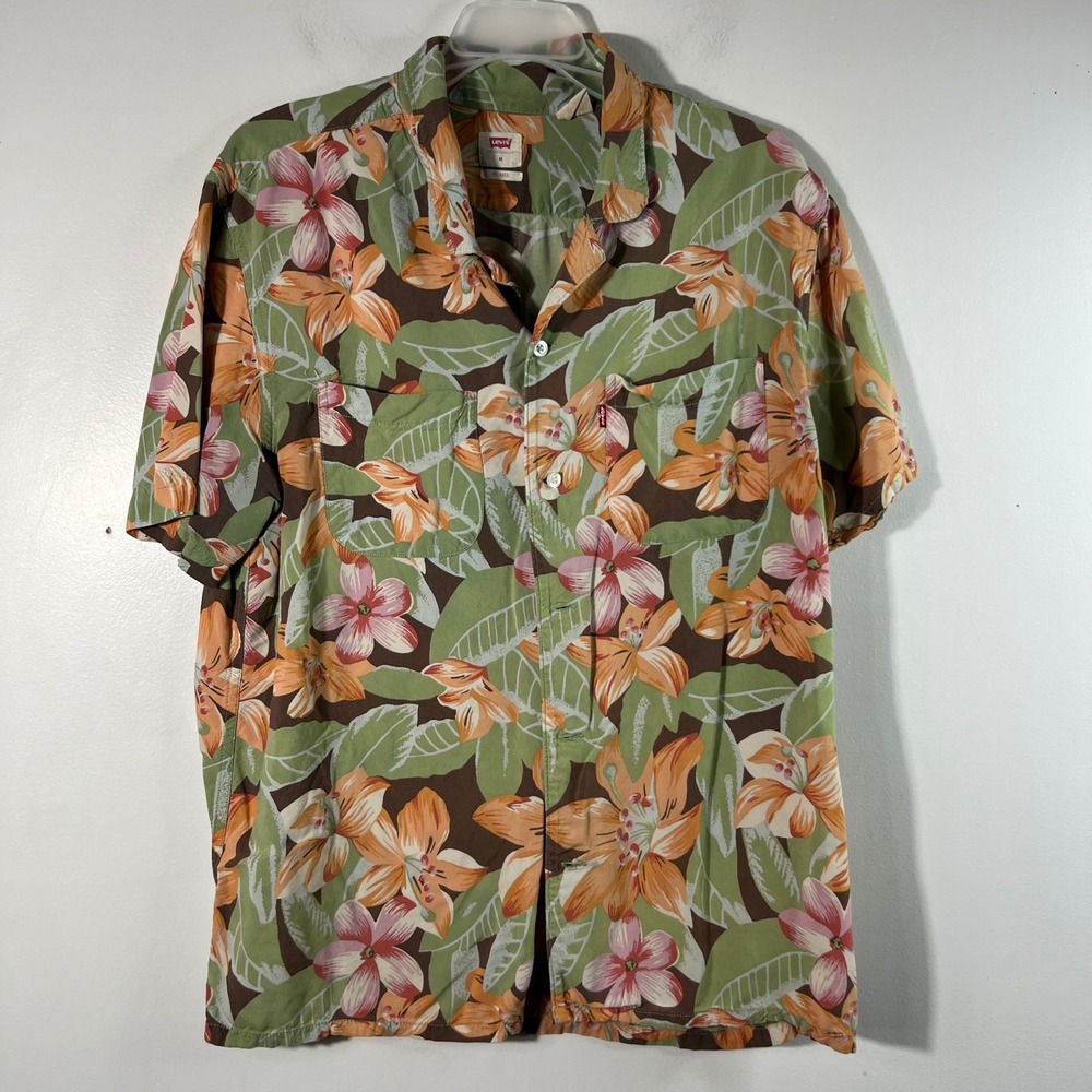 Mens Levis Relaxed Fit Hawaiian Shirt Button Green Brown Orange‎ M Viscose Flaw